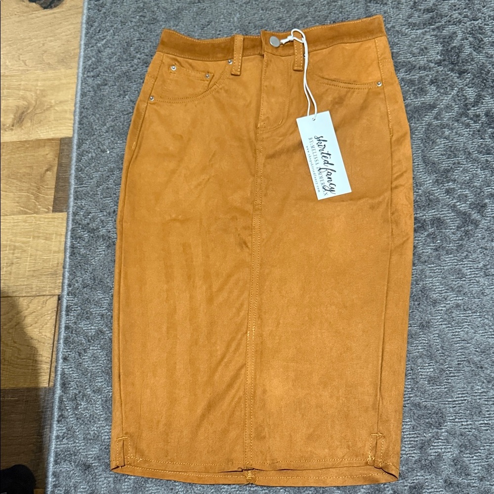Faux-Suede Pencil Skirt in Rust